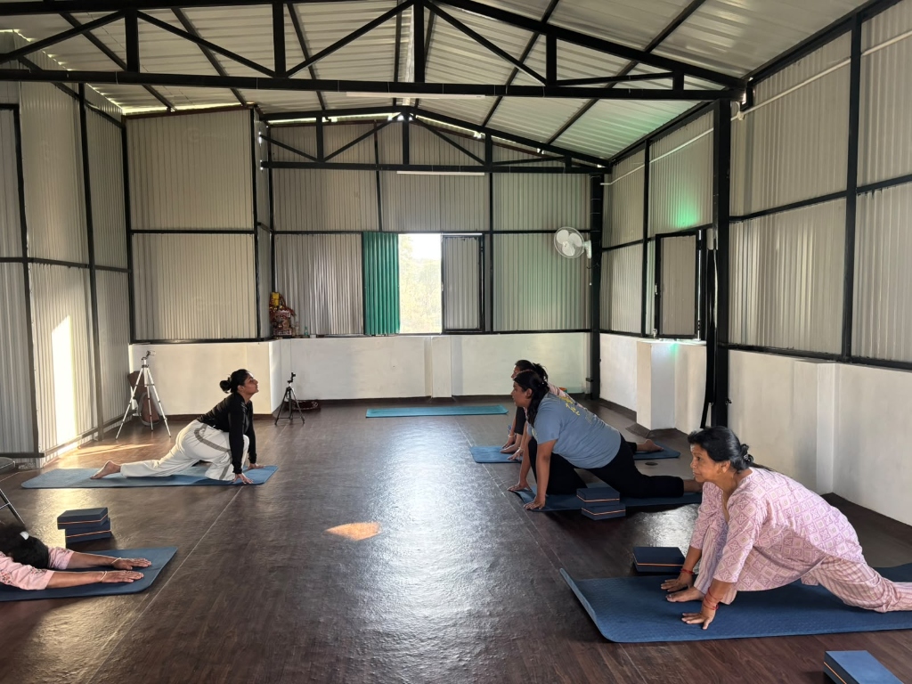 Group yoga class practicing crescent low lunge in the studio