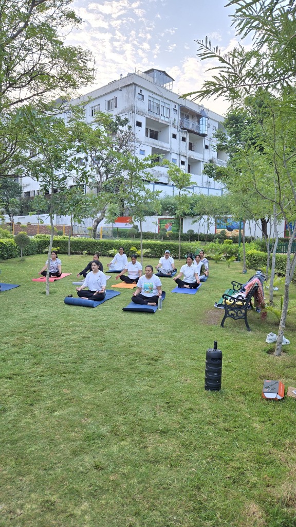 Group yoga class sitting in easy meditation pose in a green park