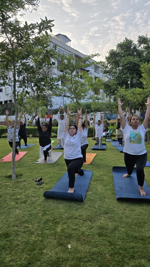 Group yoga class practicing Warrior I (Virabhadrasana I) in a park