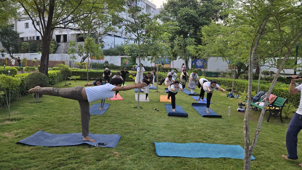 Group yoga class practicing Balancing Stick pose (Warrior III) in a park