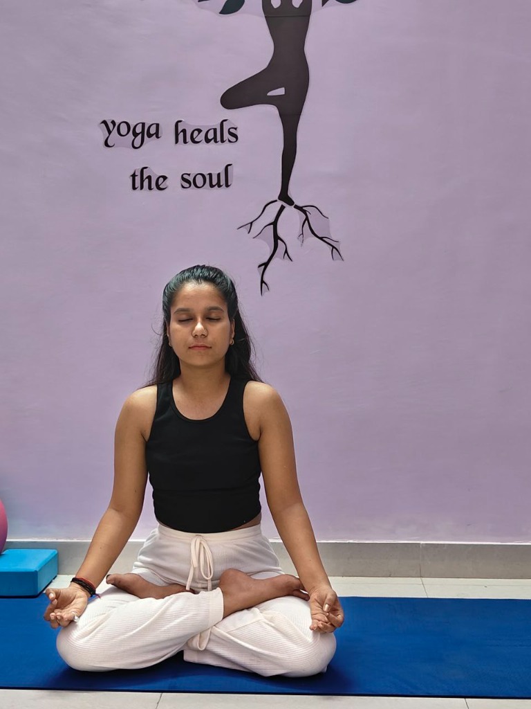 Lotus posture meditation in front of a yoga heals the soul wall graphic